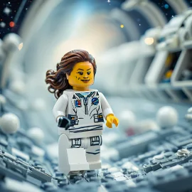 LEGO figure of a female astronaut in space, surrounded by stars and spacecraft.