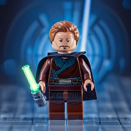 Lego figure of a Jedi with a lightsaber, standing in a sci-fi setting.