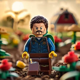 Lego figure of a man in a garden setting, with flowers and a farmhouse in the background.