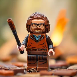 LEGO figure of a man with glasses and brown hair, holding a stick among fallen leaves.