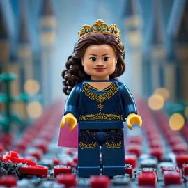 Lego figure of a queen with a crown and elegant attire, set against a colorful backdrop.