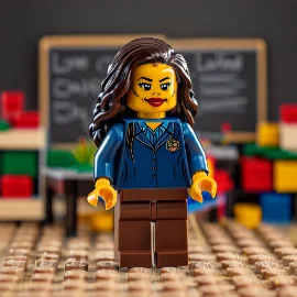 LEGO figure of a woman in a blue jacket and brown pants, standing in a classroom.