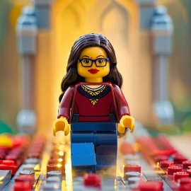 Lego figure of a woman with glasses, walking on a colorful pathway.