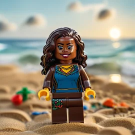 LEGO figure of a woman with long hair standing on a beach during sunset.