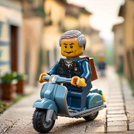 Lego figure riding a scooter down a picturesque street.