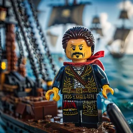 Lego pirate character on a ship with nautical background.