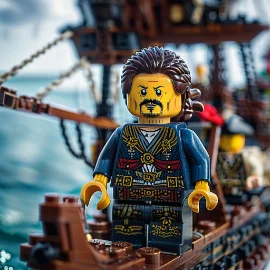 Lego pirate figure with a flamboyant outfit standing on a ship's deck.