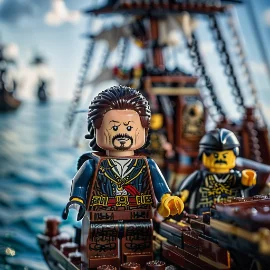 LEGO pirates on a ship, featuring a captain with a distinctive mustache.