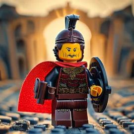 LEGO Roman soldier figure with a shield and red cape against a dramatic background.