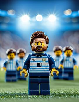 Lionel Messi as a figure built with Lego® bricks leading Argentina team huddle.