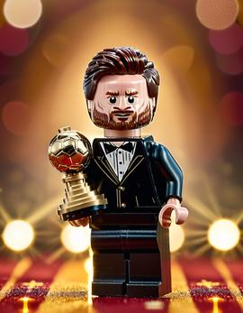 Lionel Messi as a figure built with Lego® bricks receiving Ballon d'Or trophy.