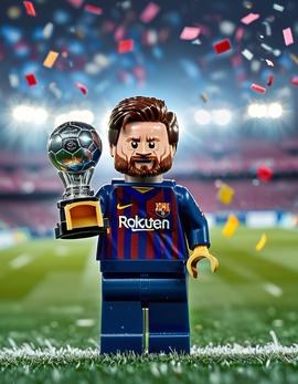 Lionel Messi as a figure built with Lego® bricks with Champions League trophy in Barcelona colors.