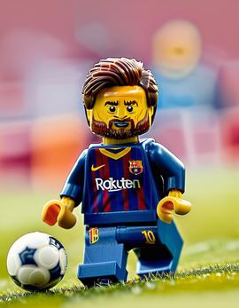 Lionel Messi as a figure built with Lego® bricks in his classic dribbling stance.