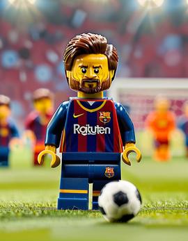 Lionel Messi as a figure built with Lego® bricks in his signature free kick pose.