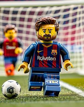 Lionel Messi as a figure built with Lego® bricks in goal scoring moment.