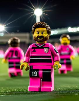 Lionel Messi as a figure built with Lego® bricks in Inter Miami colors.