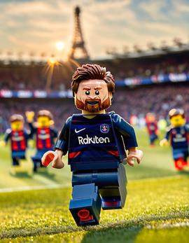 Lionel Messi as a figure built with Lego® bricks celebrating in PSG colors.