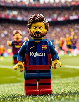 Lionel Messi as a figure built with Lego® bricks in his pointing to sky celebration.