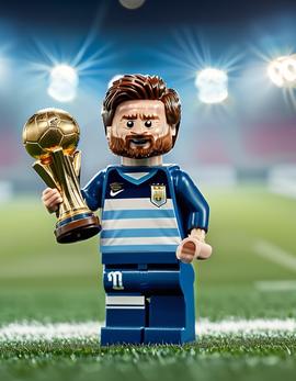 AI-generated portrait of Lionel Messi as a figure built with Lego® bricks in a stadium setting, featuring World Cup trophy celebration.