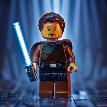 LEGO figure of a Jedi holding a blue lightsaber, standing with dramatic lighting.