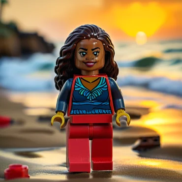 LEGO figure of a woman standing on the beach at sunset.