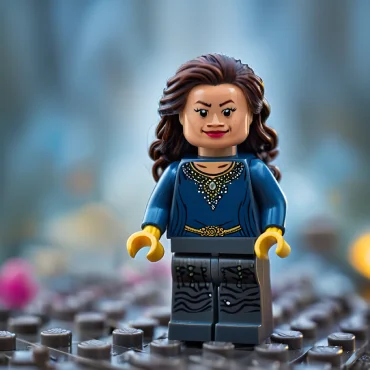 Lego figure of a woman with long hair wearing a blue top and black pants.