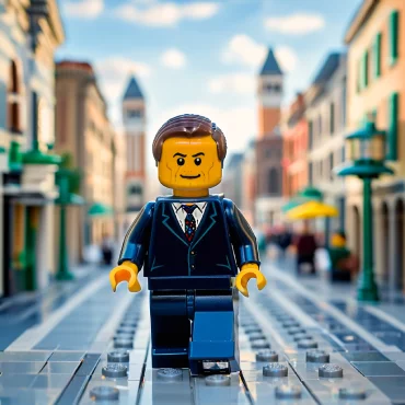 LEGO businessman walking down a street, surrounded by colorful buildings.