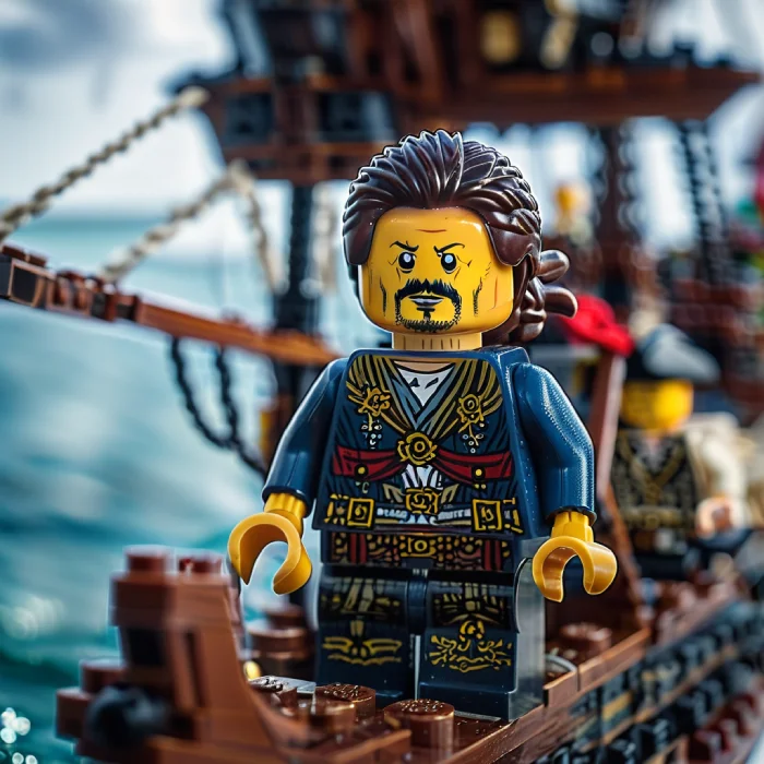 LEGO pirate captain minifigure standing on a ship deck with detailed pirate attire and background of a sailing ship at sea.