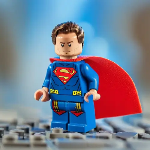 LEGO Superman minifigure with iconic blue suit and red cape standing on a detailed surface with blurred background.