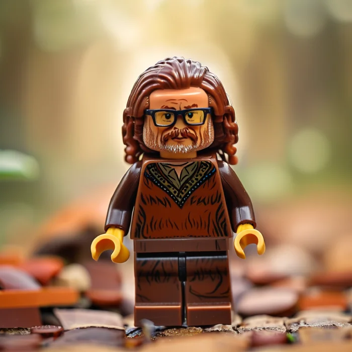 Lego figure with long hair and glasses, wearing a brown outfit, standing on a colorful background.