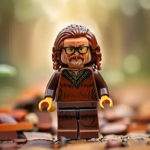 Lego figure with long hair and glasses, wearing a brown outfit, standing on a colorful background.