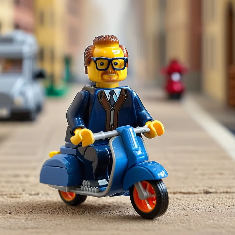 Lego figure in a suit riding a blue scooter through a city street.